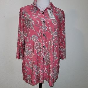 NWT FIRST CHOICE BUTTON DOWN PINK BROWN FLORAL COLLARED SHORT SLEEVE SHIRT 2/3XL